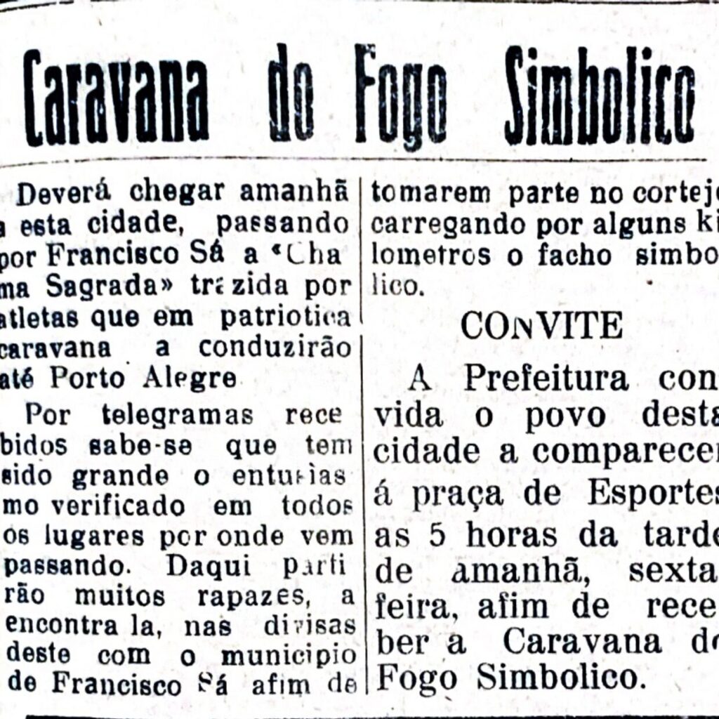 “Fogo olímpico passa pela cidade durante Caravana do Fogo Simbólico em 1943”